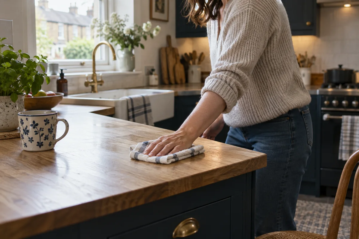 A hand wiping a worktop in a lived-in terraced-house kitchen, ceramic mug set safely aside