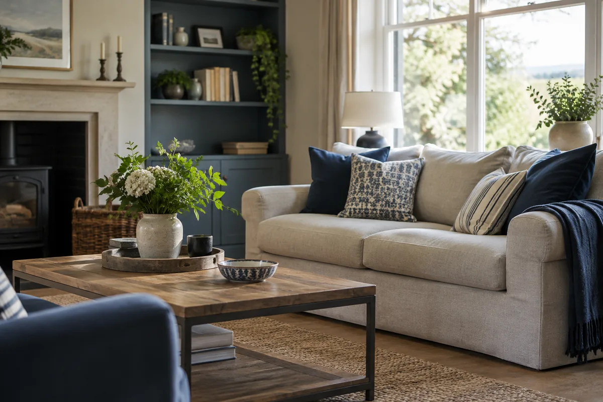 A quiet tidy living room with neutral sofa and natural light