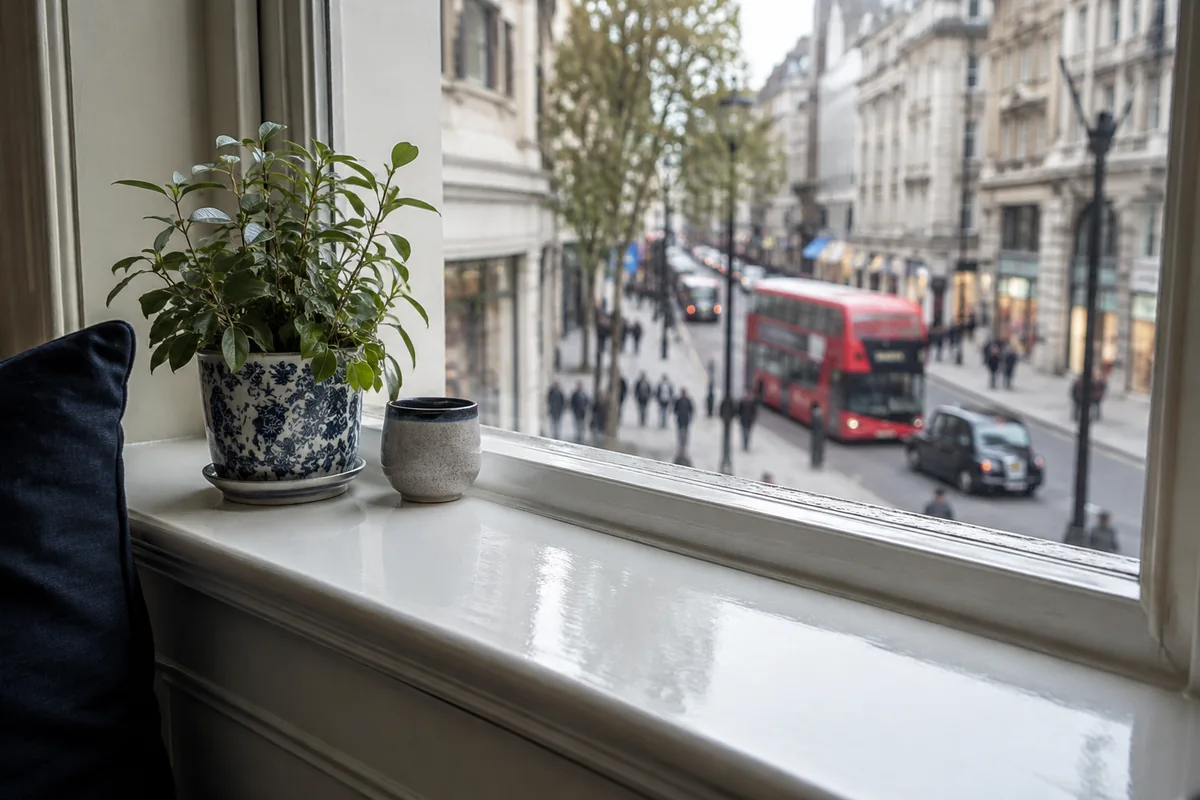 A close-up of a freshly wiped window sill beside a street