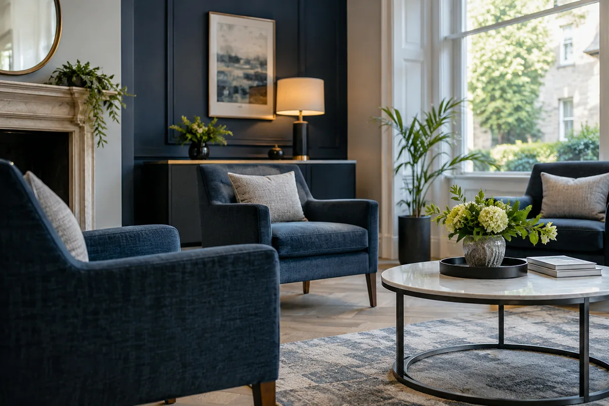 An empty reception seating area with textured blue upholstery
