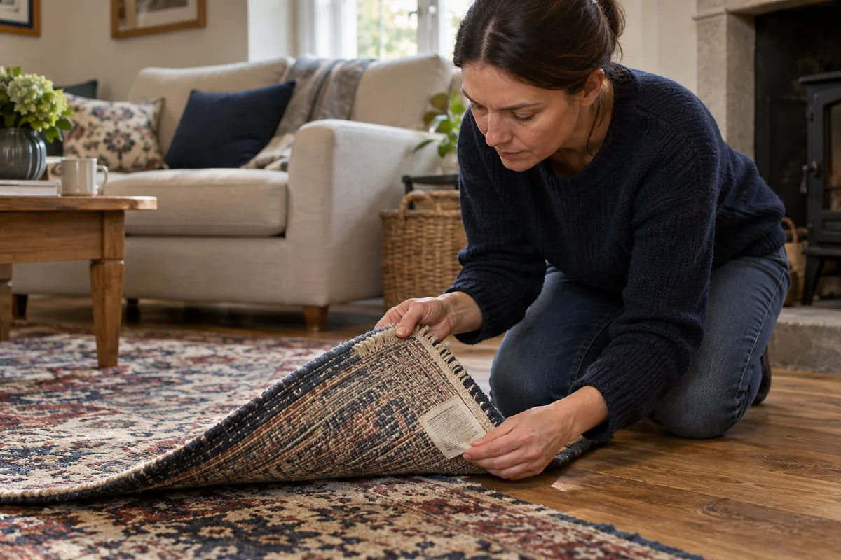 Hands inspecting the underside and care label of a wool rug