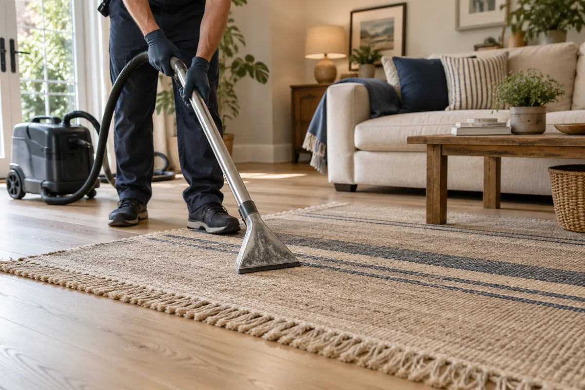 Flat woven rug with natural fringe on pale oak flooring