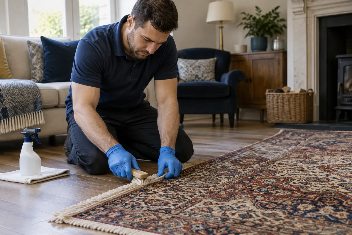Gloved technician gently working along a rug edge