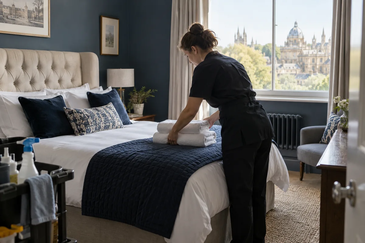 A short-let bedroom with folded towels