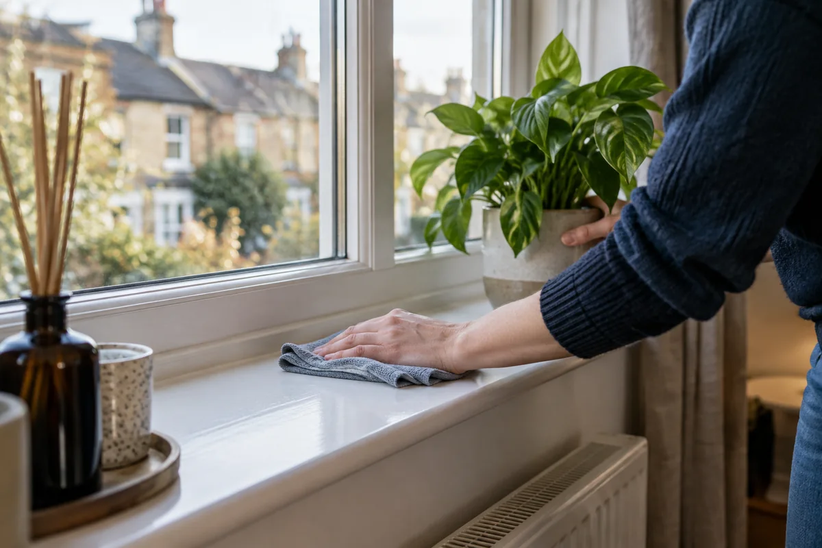 Window sill being wiped beside a small houseplant moved aside