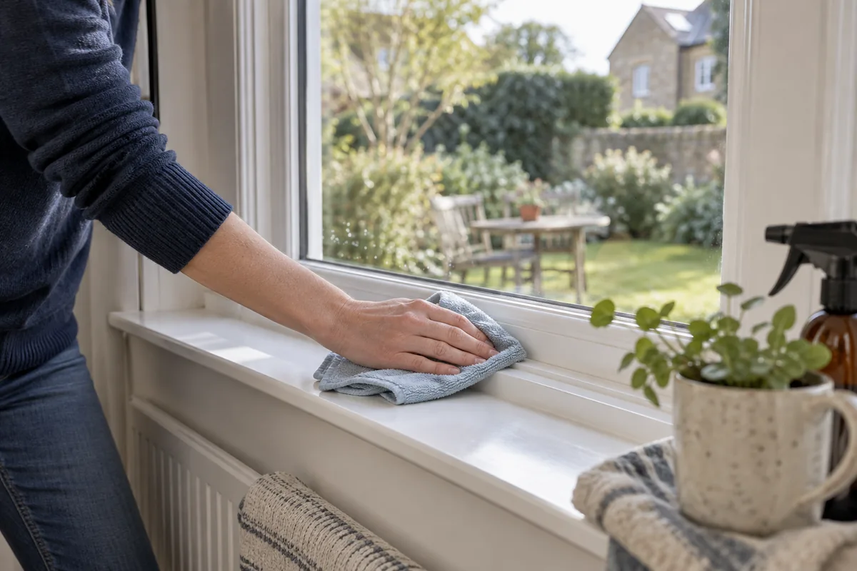 Soft cloth wiping a white window frame and sill with garden beyond