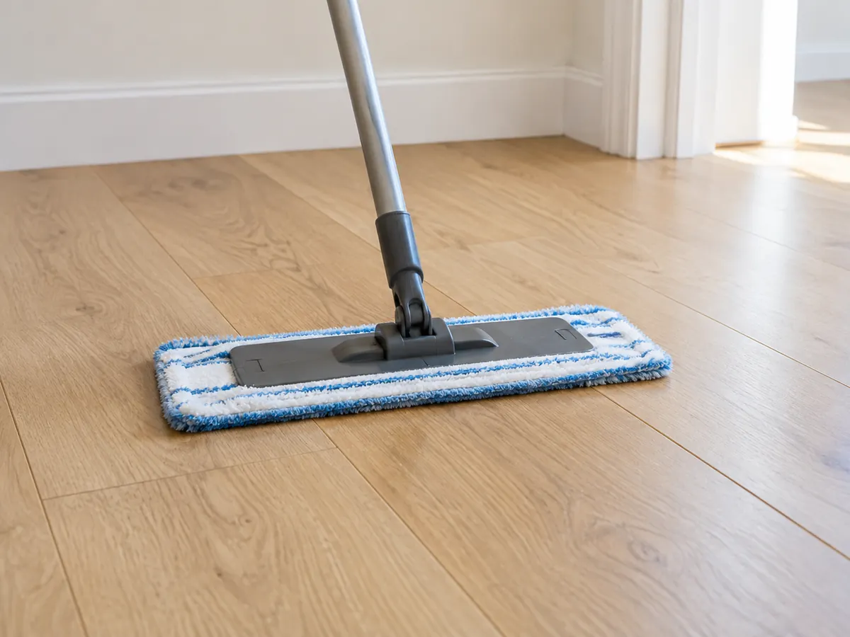 Microfibre mop cleaning an oak floor