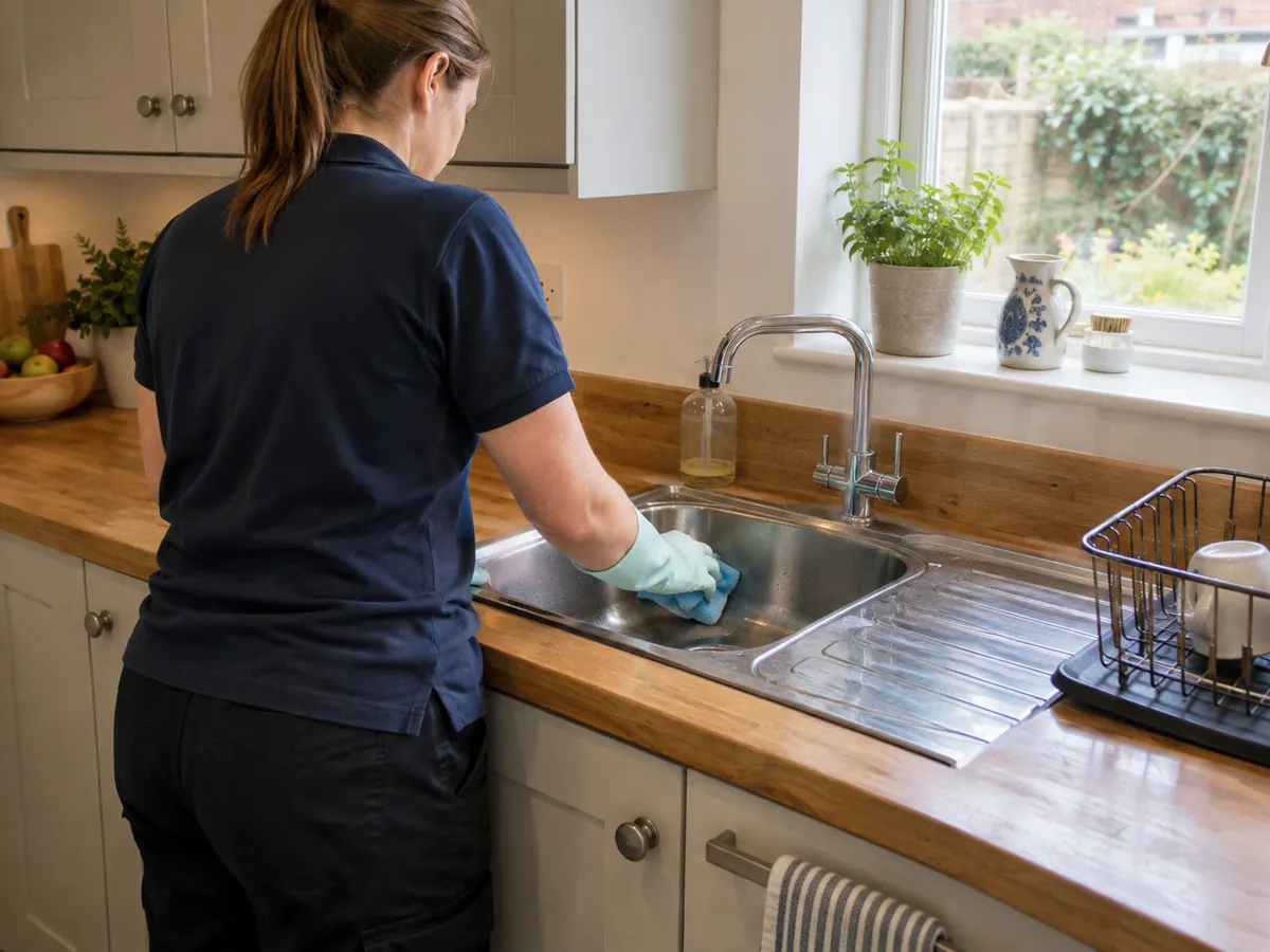 Cleaner wiping a stainless steel kitchen sink