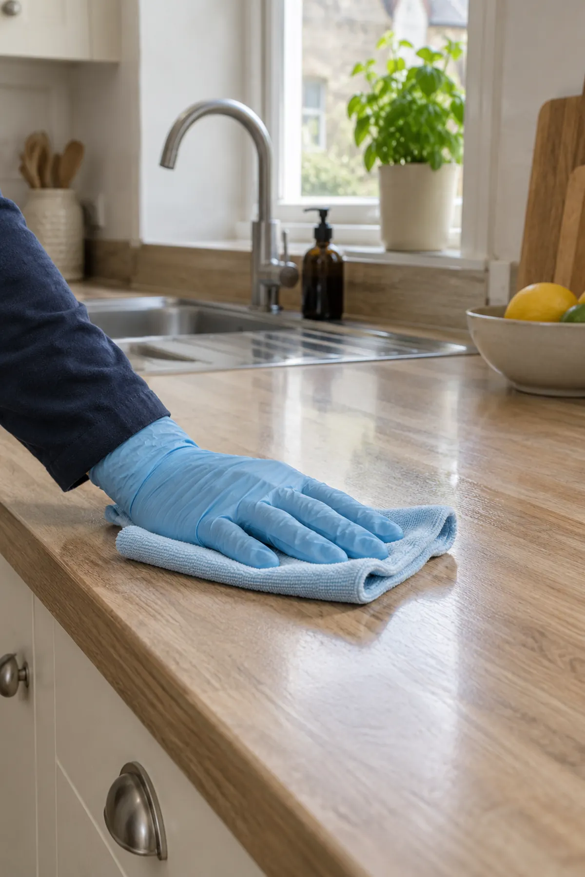 Gloved hand wiping a kitchen worktop