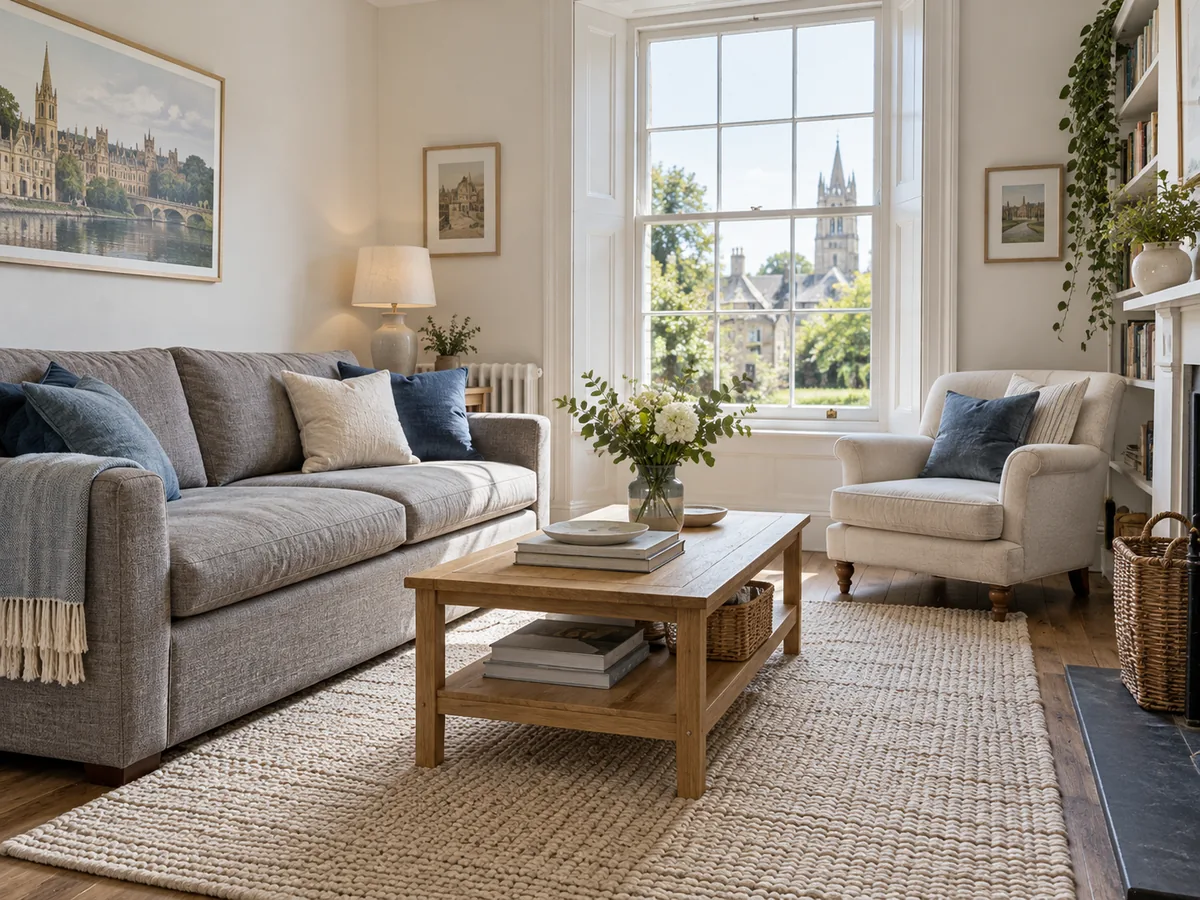 Living room with a grey fabric sofa and a pale rug