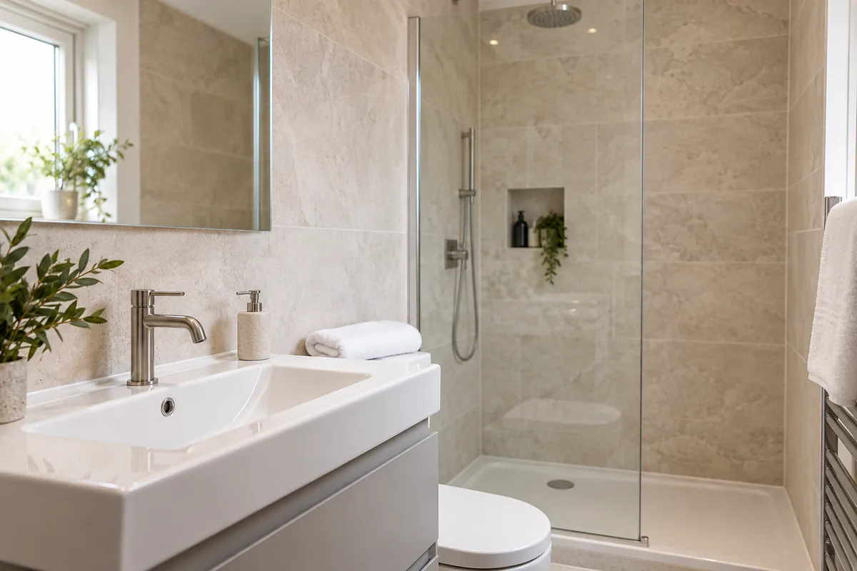 Bathroom basin and glass shower screen with pale tiled surfaces