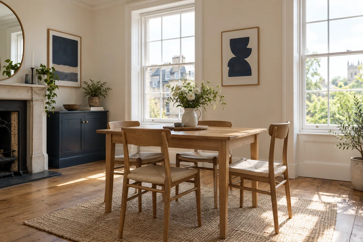 Dining room with an oak table and clear floor space