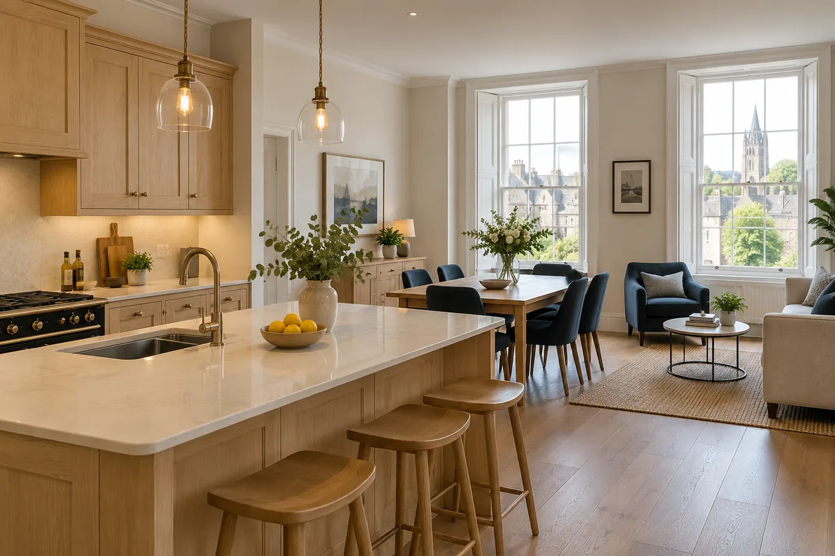Open-plan kitchen with oak cabinets and a clear dining area