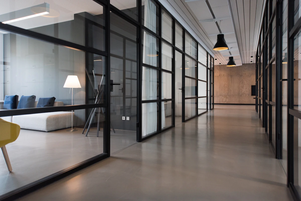 Office workspace with desks and seating